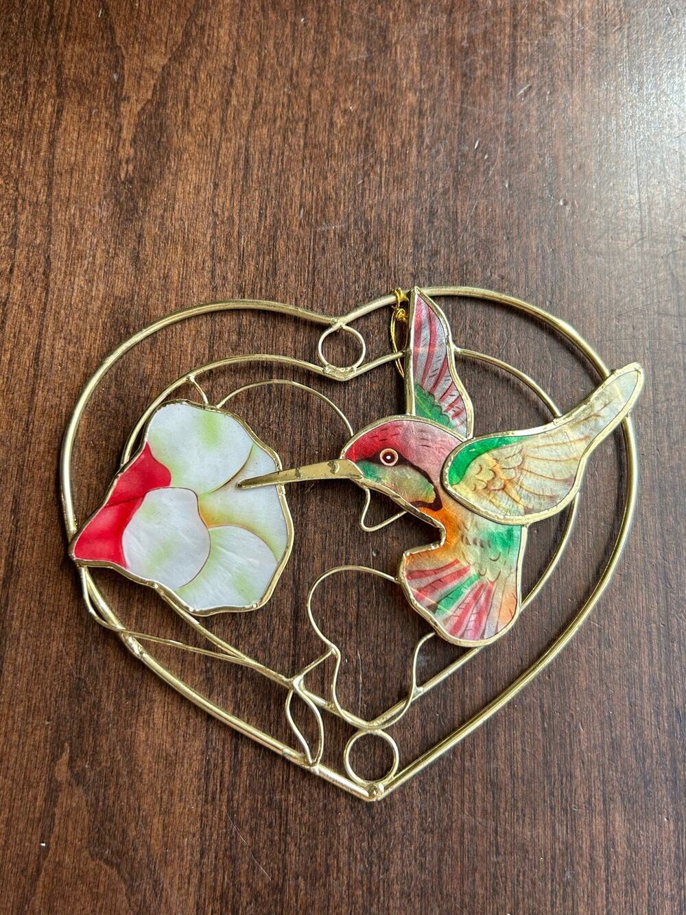 8.5” New Vintage hummingbird Capiz shell sun catcher brass frame decorative